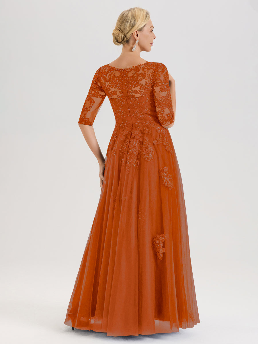 Cicinia Orange Brûlé Robe De Mère De La Mariée Longue Ligne A En Tulle Mousseline Et Dentelle À Décolleté En V Et Manches Demi