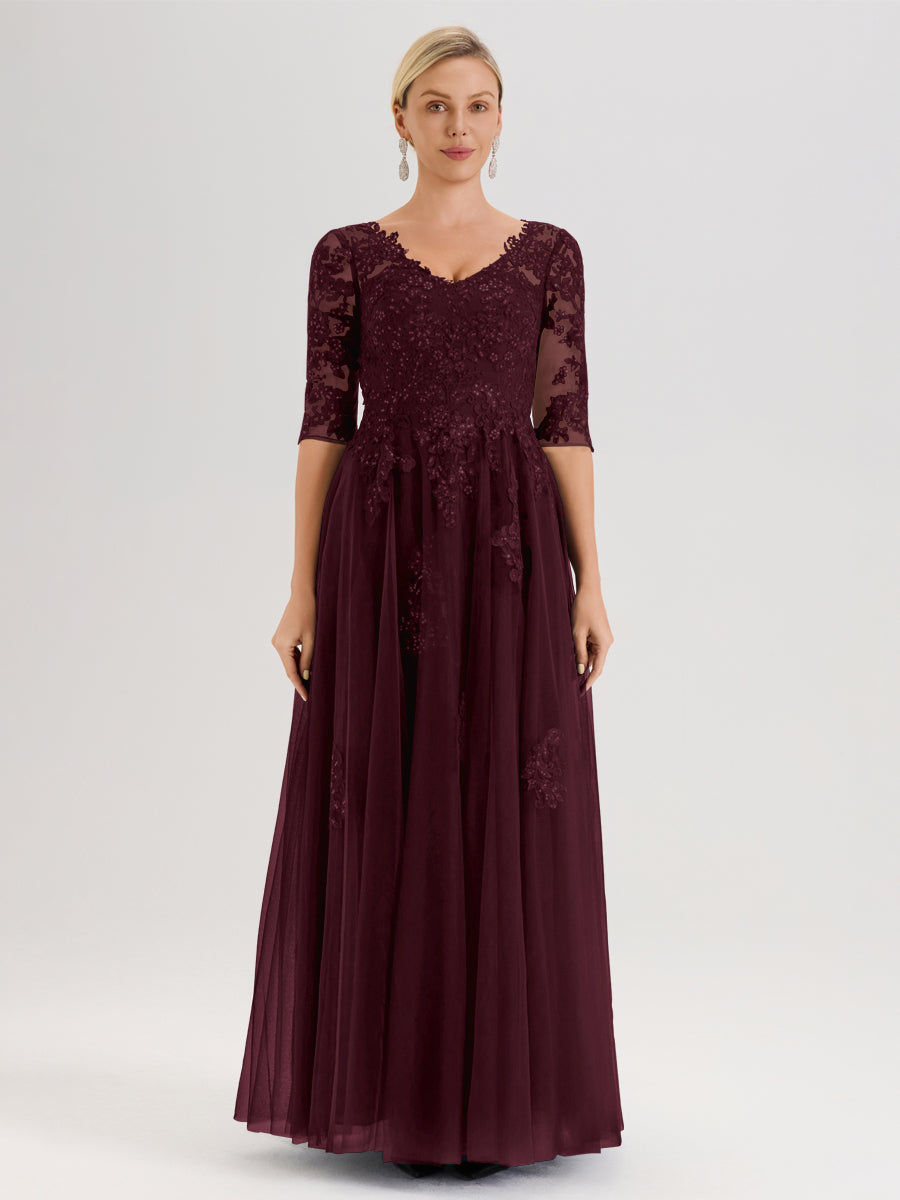 Cicinia Cabernet Robe De Mère De La Mariée Longue Ligne A En Tulle Mousseline Et Dentelle À Décolleté En V Et Manches Demi