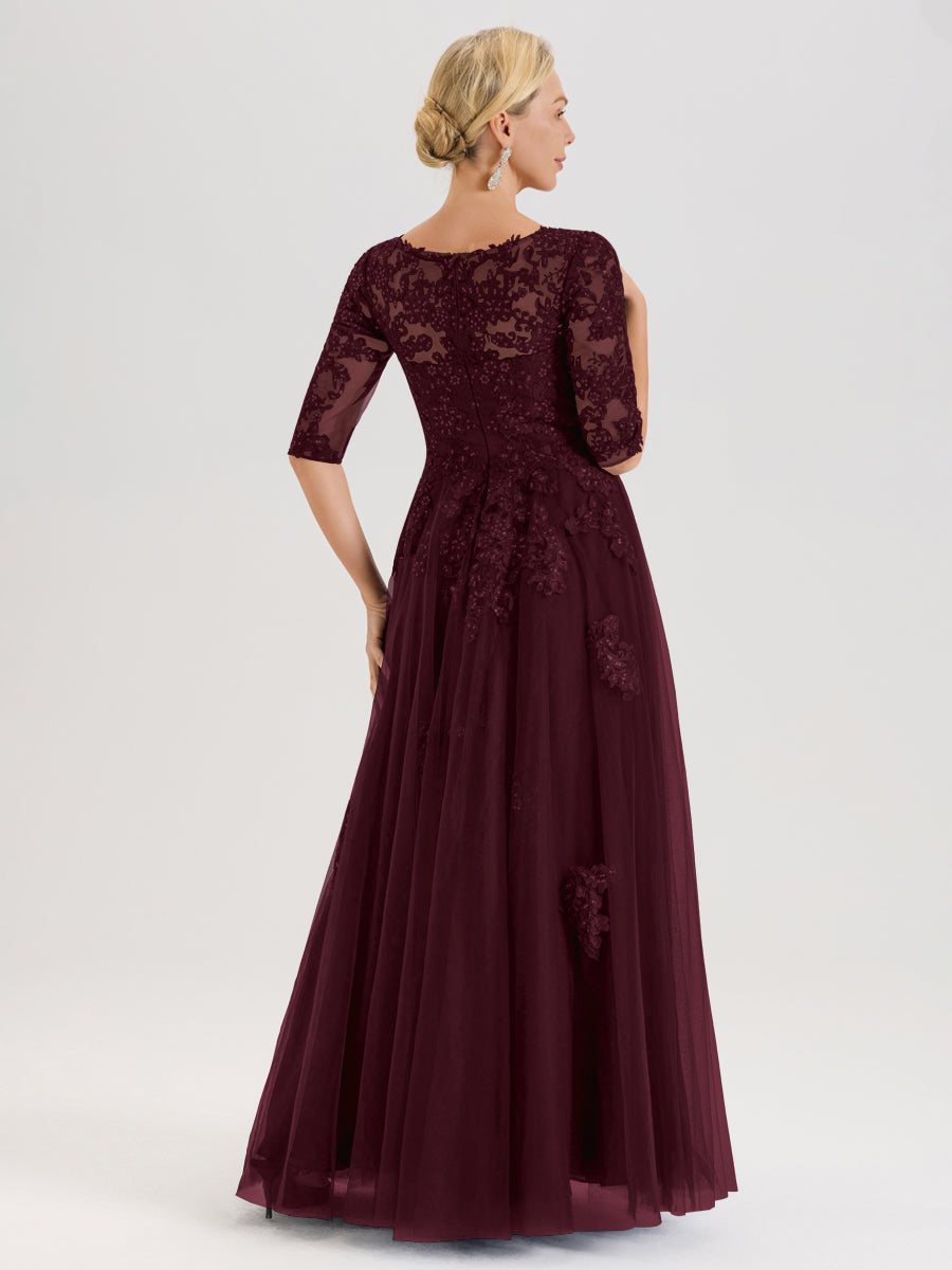 Cicinia Cabernet Robe De Mère De La Mariée Longue Ligne A En Tulle Mousseline Et Dentelle À Décolleté En V Et Manches Demi