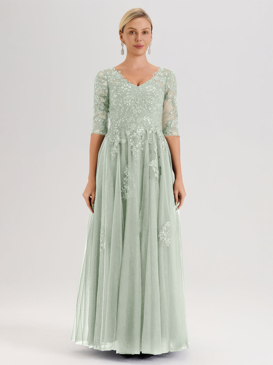 Cicinia Celadon Robe De Mère De La Mariée Longue Ligne A En Tulle Mousseline Et Dentelle À Décolleté En V Et Manches Demi