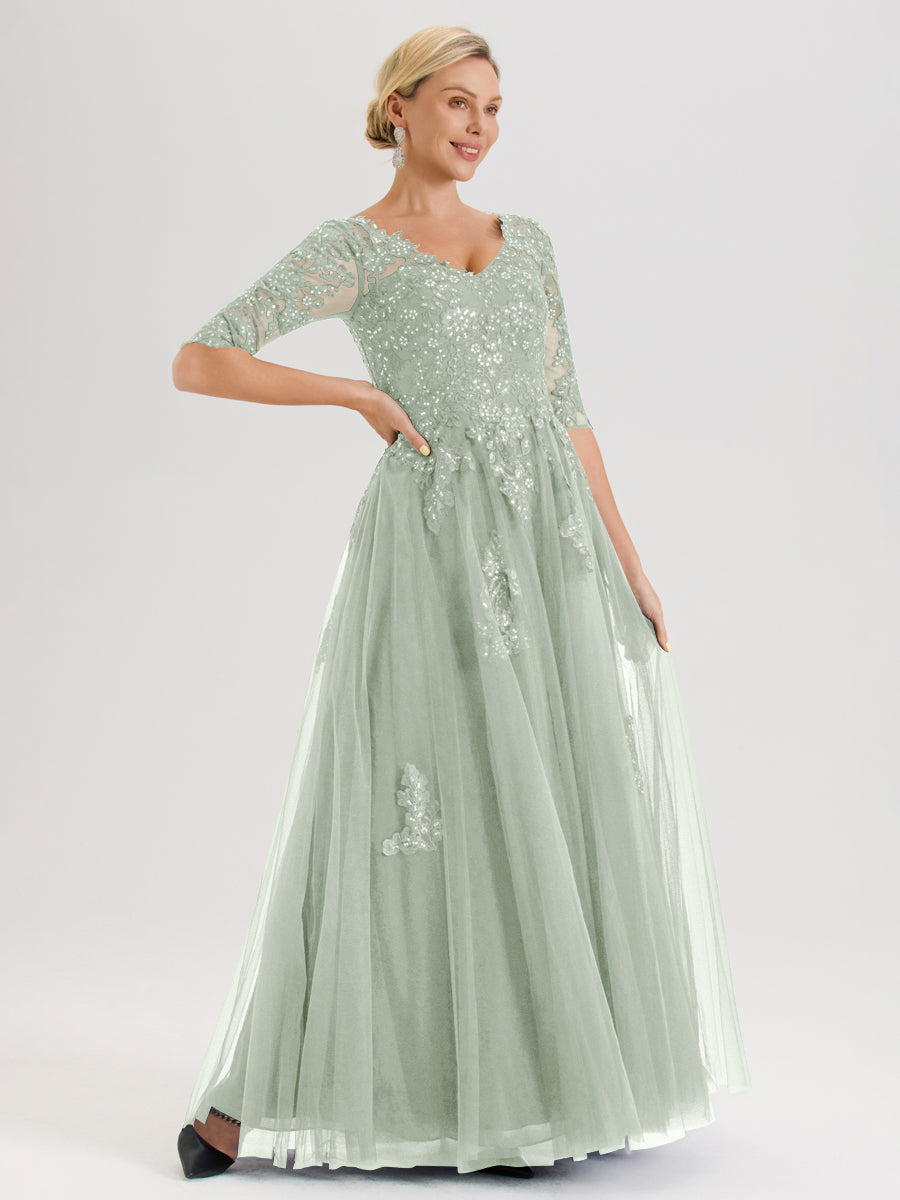 Cicinia Celadon Robe De Mère De La Mariée Longue Ligne A En Tulle Mousseline Et Dentelle À Décolleté En V Et Manches Demi