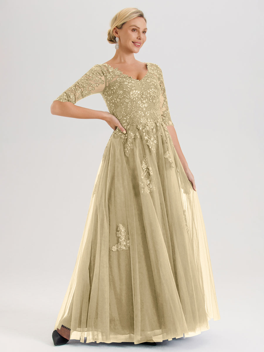 Cicinia Champagne Robe De Mère De La Mariée Longue Ligne A En Tulle Mousseline Et Dentelle À Décolleté En V Et Manches Demi