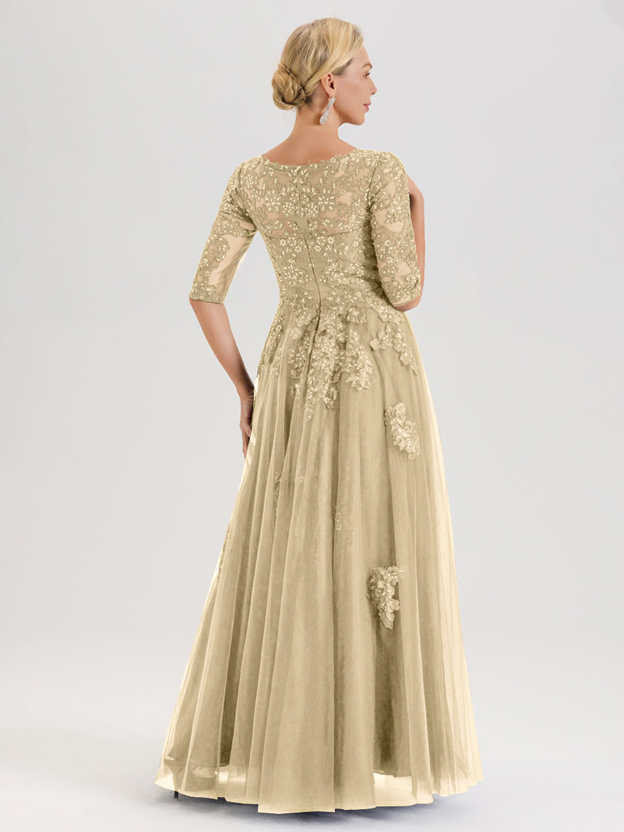 Cicinia Champagne Robe De Mère De La Mariée Longue Ligne A En Tulle Mousseline Et Dentelle À Décolleté En V Et Manches Demi