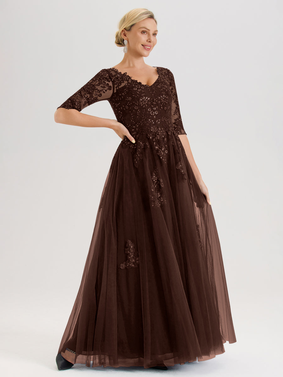 Cicinia Chocolat Robe De Mère De La Mariée Longue Ligne A En Tulle Mousseline Et Dentelle À Décolleté En V Et Manches Demi
