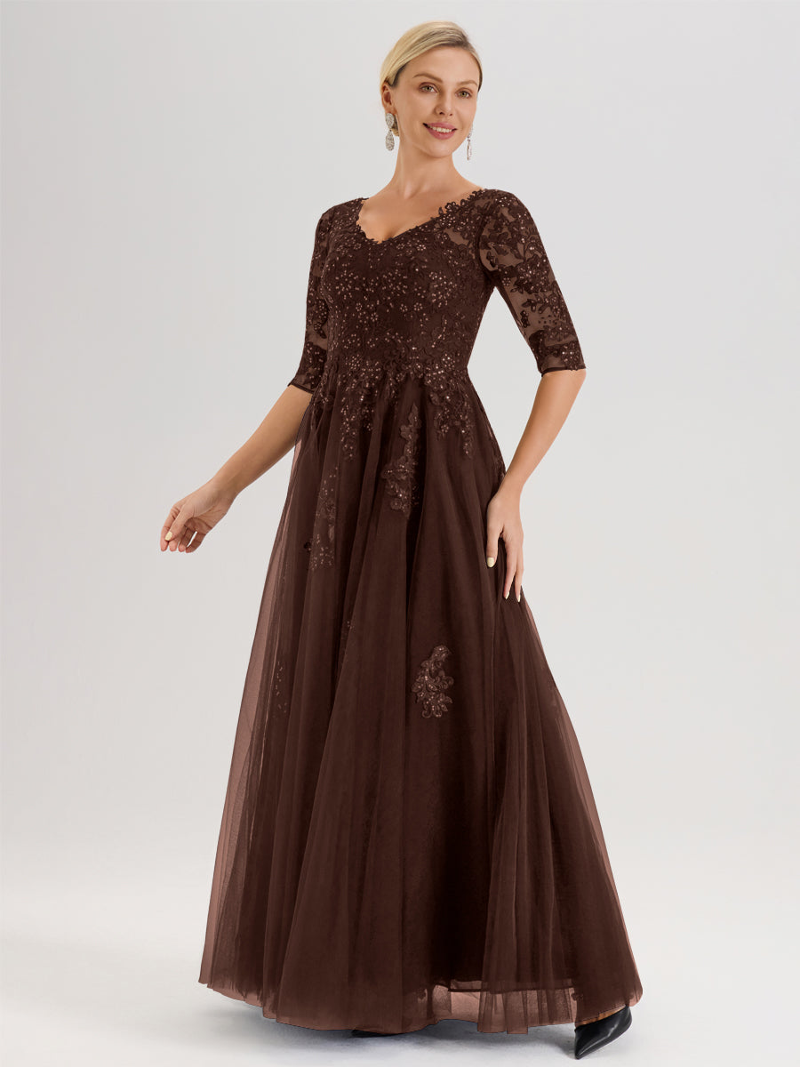 Cicinia Chocolat Robe De Mère De La Mariée Longue Ligne A En Tulle Mousseline Et Dentelle À Décolleté En V Et Manches Demi