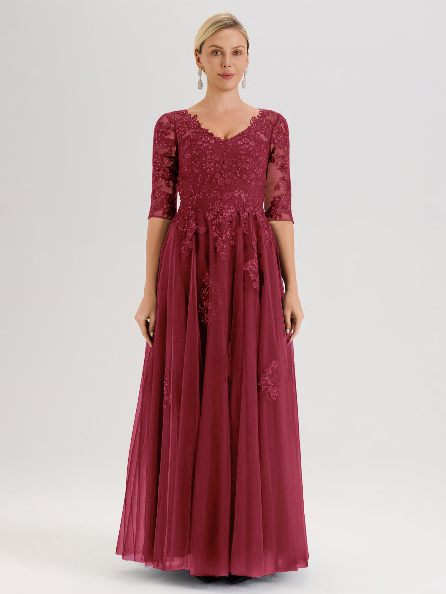 Cicinia Rose Cannelle Robe De Mère De La Mariée Longue Ligne A En Tulle Mousseline Et Dentelle À Décolleté En V Et Manches Demi