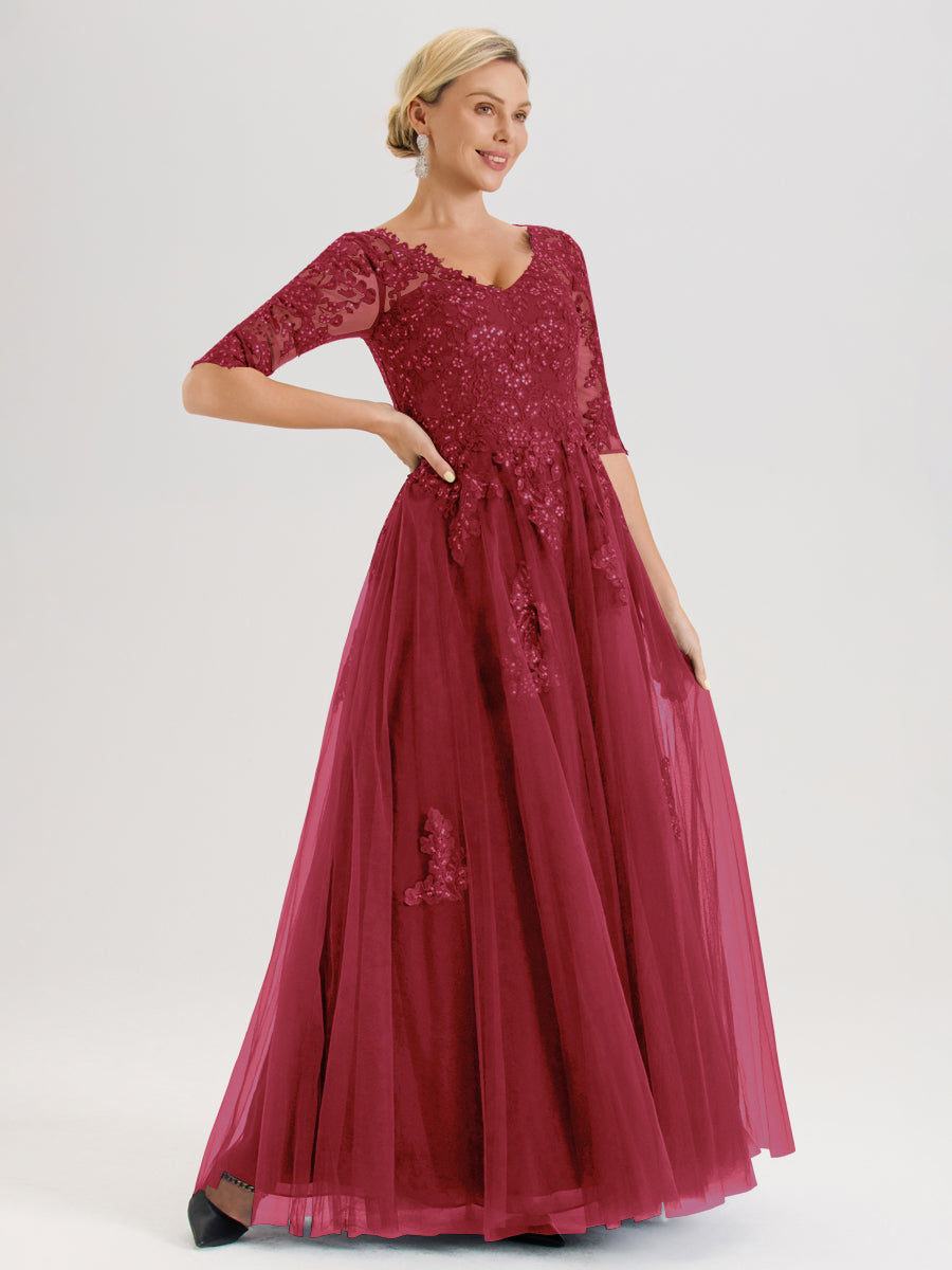 Cicinia Rose Cannelle Robe De Mère De La Mariée Longue Ligne A En Tulle Mousseline Et Dentelle À Décolleté En V Et Manches Demi