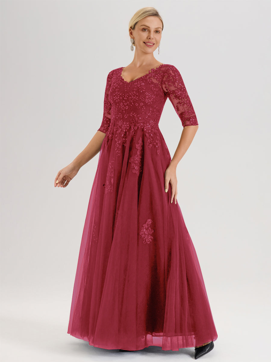 Cicinia Rose Cannelle Robe De Mère De La Mariée Longue Ligne A En Tulle Mousseline Et Dentelle À Décolleté En V Et Manches Demi