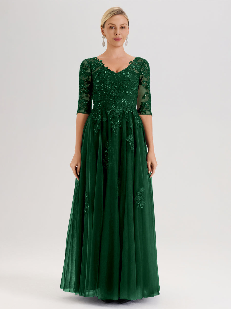 Cicinia Vert Foncé Robe De Mère De La Mariée Longue Ligne A En Tulle Mousseline Et Dentelle À Décolleté En V Et Manches Demi