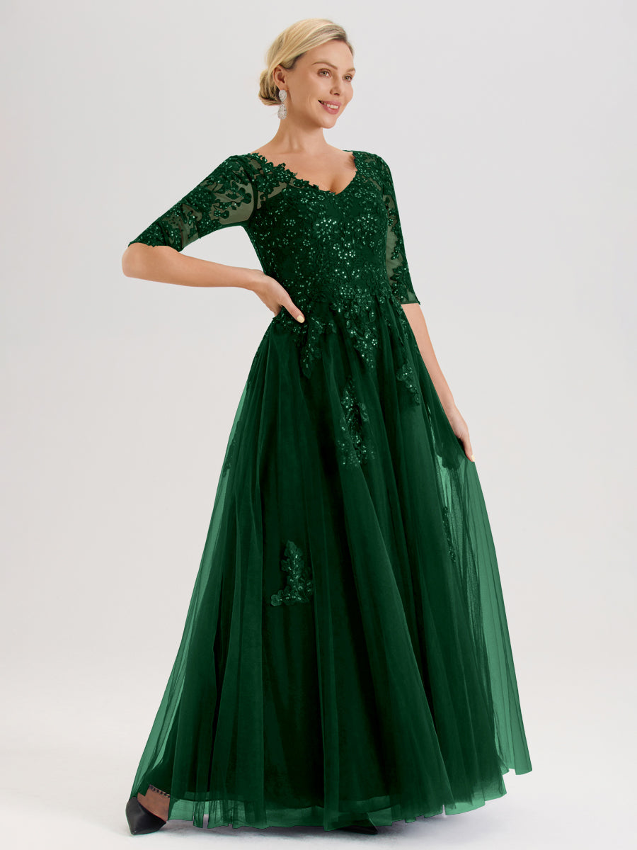 Cicinia Vert Foncé Robe De Mère De La Mariée Longue Ligne A En Tulle Mousseline Et Dentelle À Décolleté En V Et Manches Demi