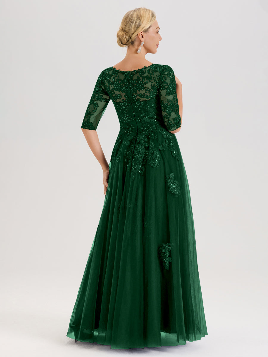 Cicinia Vert Foncé Robe De Mère De La Mariée Longue Ligne A En Tulle Mousseline Et Dentelle À Décolleté En V Et Manches Demi