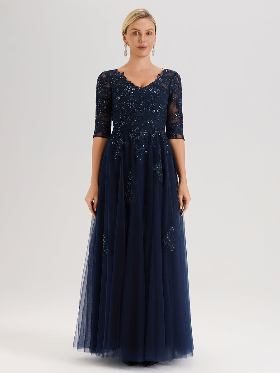 Cicinia Bleu Marine Robe De Mère De La Mariée Longue Ligne A En Tulle Mousseline Et Dentelle À Décolleté En V Et Manches Demi