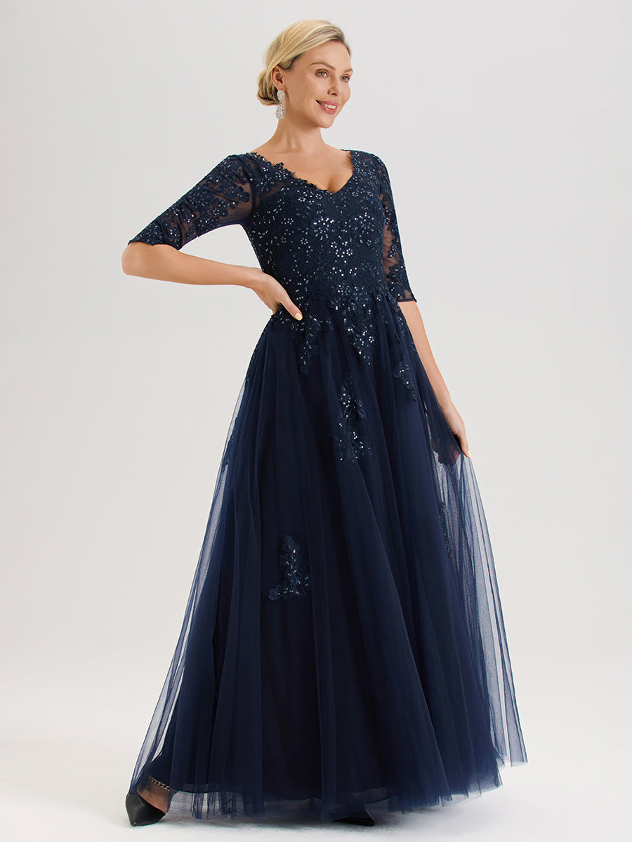 Cicinia Bleu Marine Robe De Mère De La Mariée Longue Ligne A En Tulle Mousseline Et Dentelle À Décolleté En V Et Manches Demi