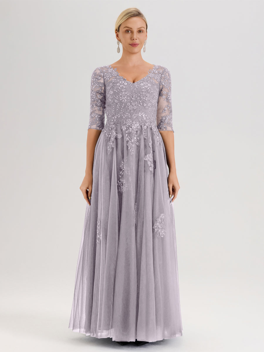 Cicinia Crépuscule Robe De Mère De La Mariée Longue Ligne A En Tulle Mousseline Et Dentelle À Décolleté En V Et Manches Demi