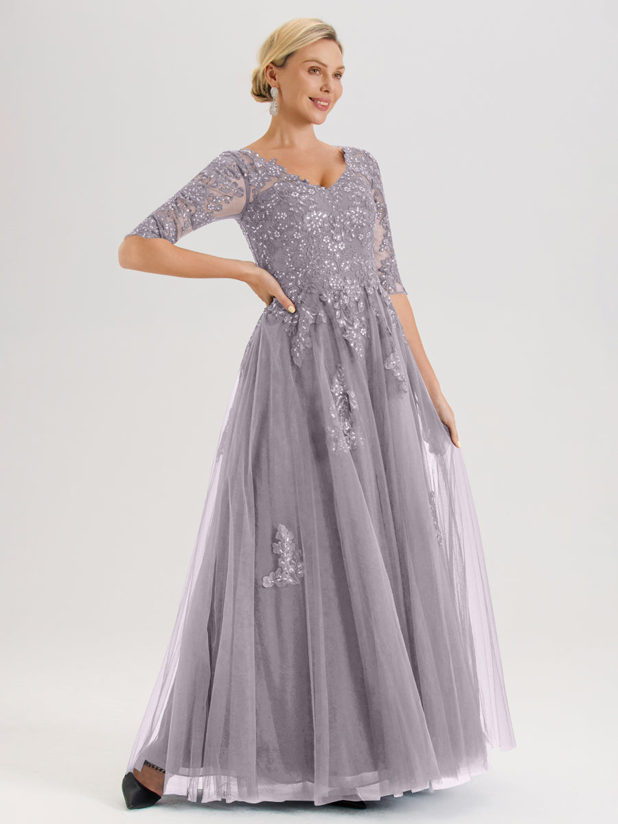 Cicinia Crépuscule Robe De Mère De La Mariée Longue Ligne A En Tulle Mousseline Et Dentelle À Décolleté En V Et Manches Demi