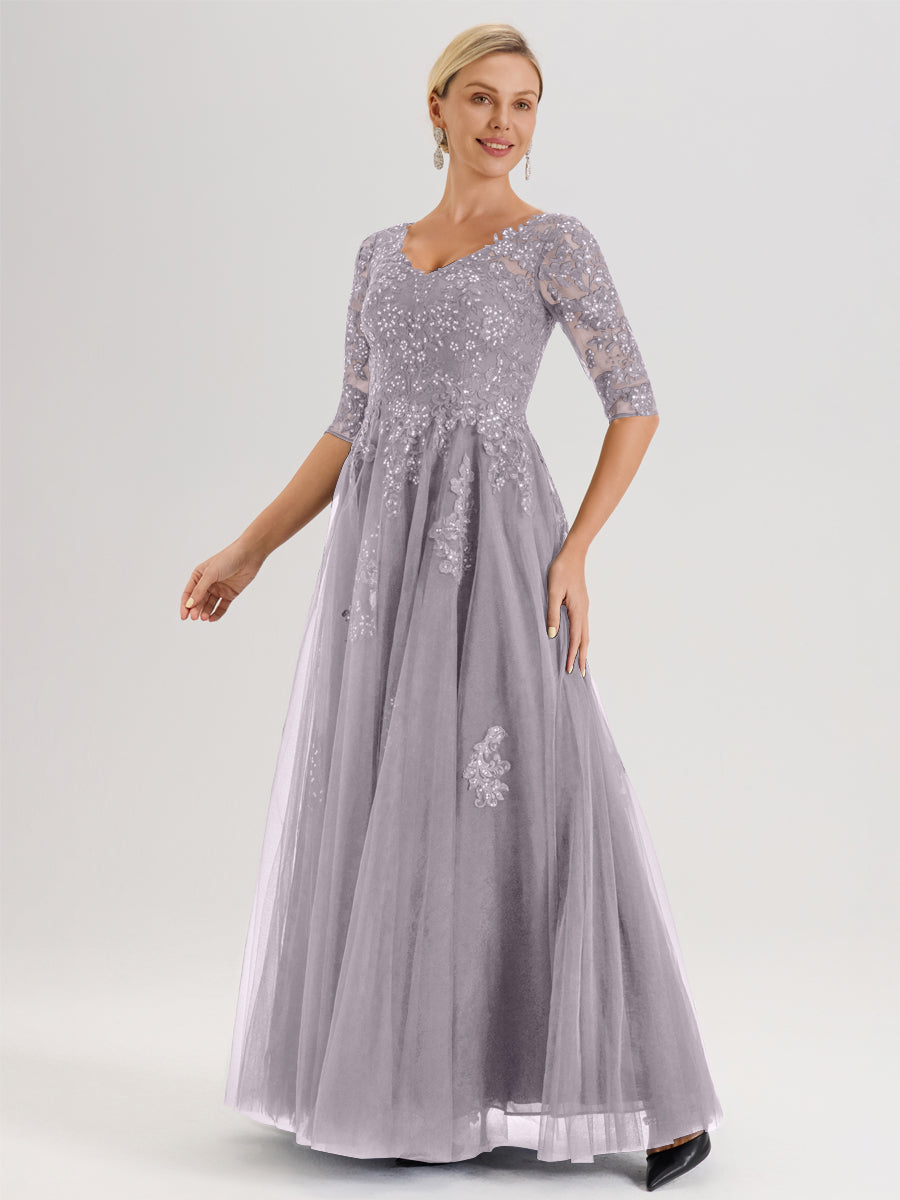 Cicinia Crépuscule Robe De Mère De La Mariée Longue Ligne A En Tulle Mousseline Et Dentelle À Décolleté En V Et Manches Demi