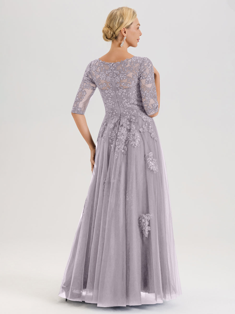 Cicinia Crépuscule Robe De Mère De La Mariée Longue Ligne A En Tulle Mousseline Et Dentelle À Décolleté En V Et Manches Demi