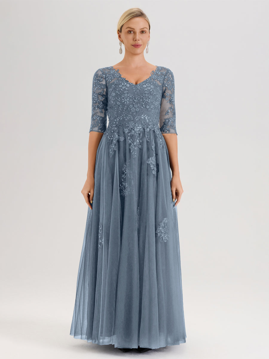 Cicinia Bleu Poudré Robe De Mère De La Mariée Longue Ligne A En Tulle Mousseline Et Dentelle À Décolleté En V Et Manches Demi