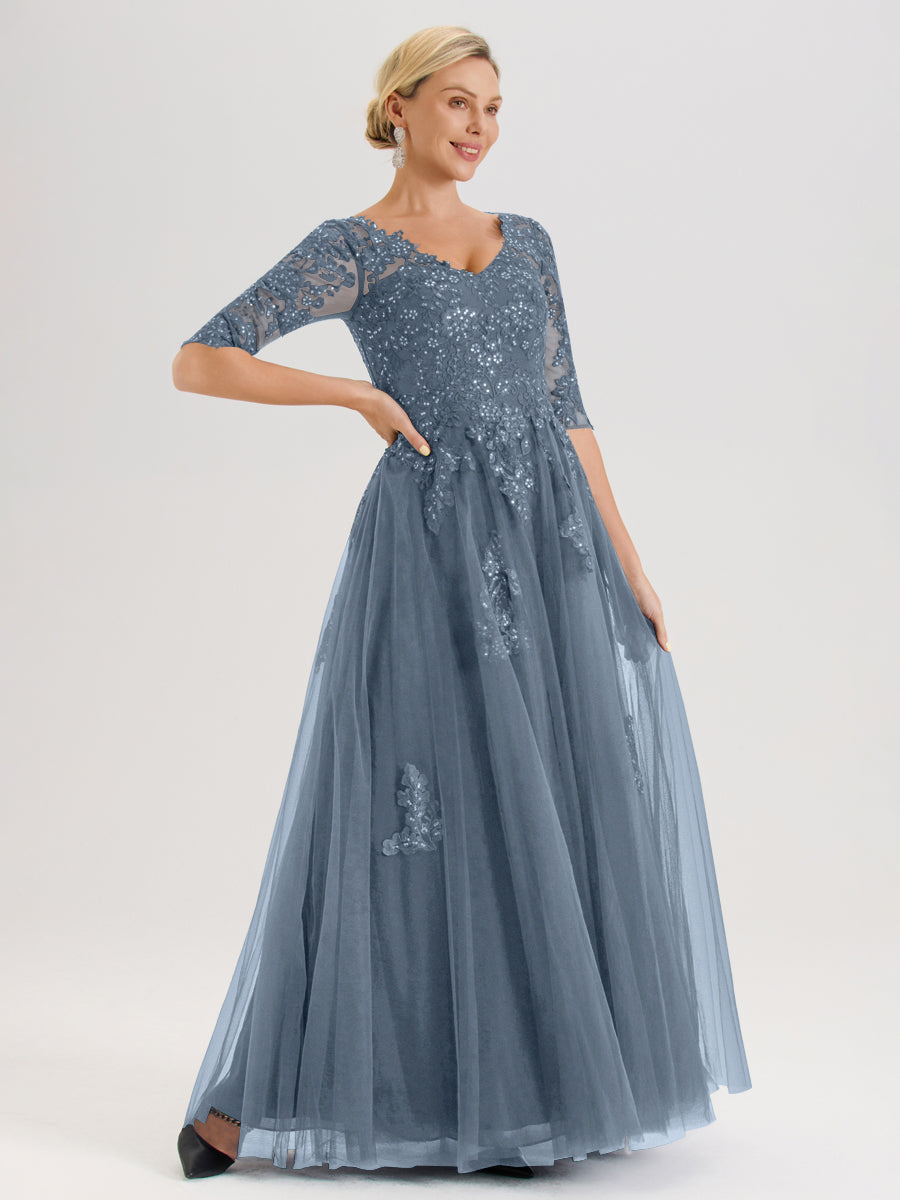 Cicinia Bleu Poudré Robe De Mère De La Mariée Longue Ligne A En Tulle Mousseline Et Dentelle À Décolleté En V Et Manches Demi