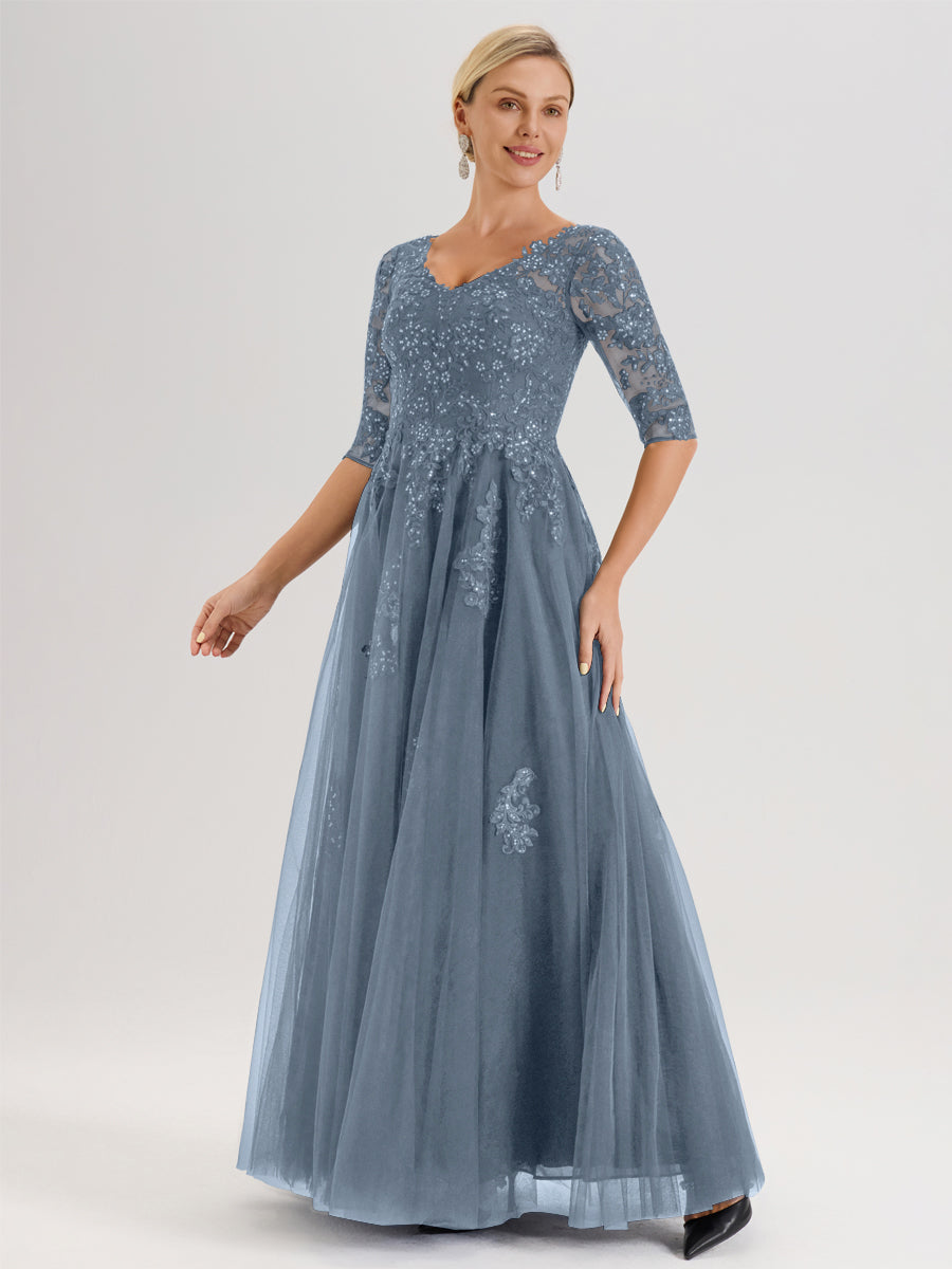 Cicinia Bleu Poudré Robe De Mère De La Mariée Longue Ligne A En Tulle Mousseline Et Dentelle À Décolleté En V Et Manches Demi