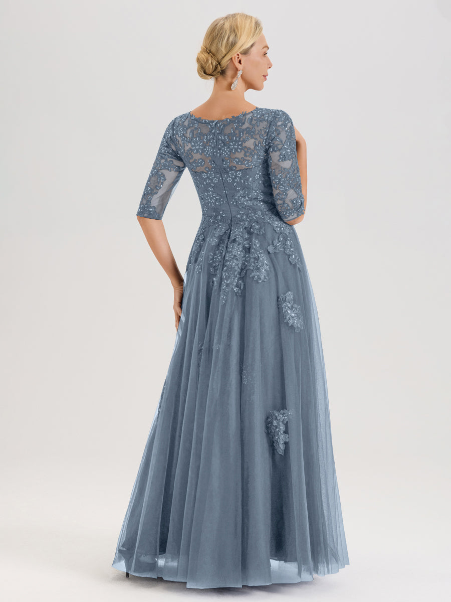 Cicinia Bleu Poudré Robe De Mère De La Mariée Longue Ligne A En Tulle Mousseline Et Dentelle À Décolleté En V Et Manches Demi