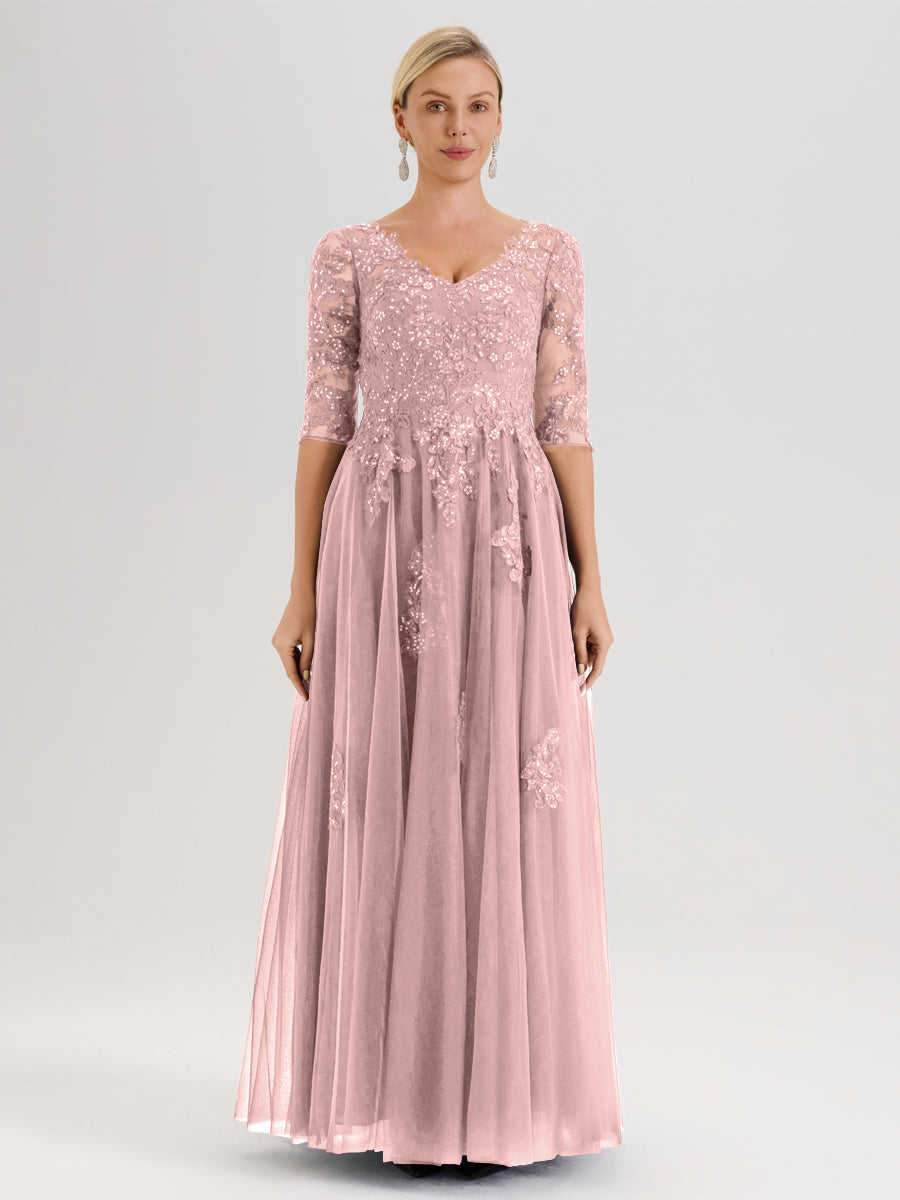 Cicinia Rose Poudré Robe De Mère De La Mariée Longue Ligne A En Tulle Mousseline Et Dentelle À Décolleté En V Et Manches Demi