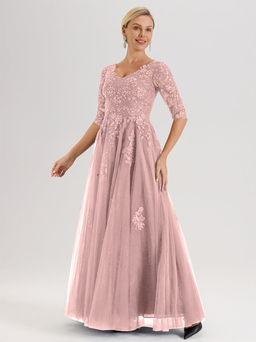 Cicinia Rose Poudré Robe De Mère De La Mariée Longue Ligne A En Tulle Mousseline Et Dentelle À Décolleté En V Et Manches Demi