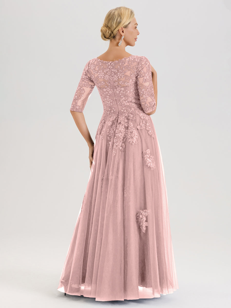 Cicinia Rose Poudré Robe De Mère De La Mariée Longue Ligne A En Tulle Mousseline Et Dentelle À Décolleté En V Et Manches Demi