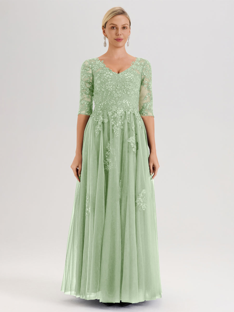 Cicinia Sauge Poudrée Robe De Mère De La Mariée Longue Ligne A En Tulle Mousseline Et Dentelle À Décolleté En V Et Manches Demi