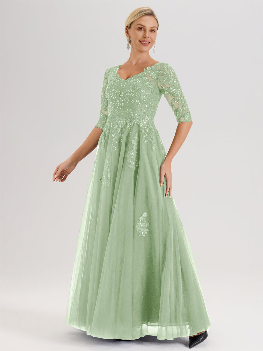 Cicinia Sauge Poudrée Robe De Mère De La Mariée Longue Ligne A En Tulle Mousseline Et Dentelle À Décolleté En V Et Manches Demi