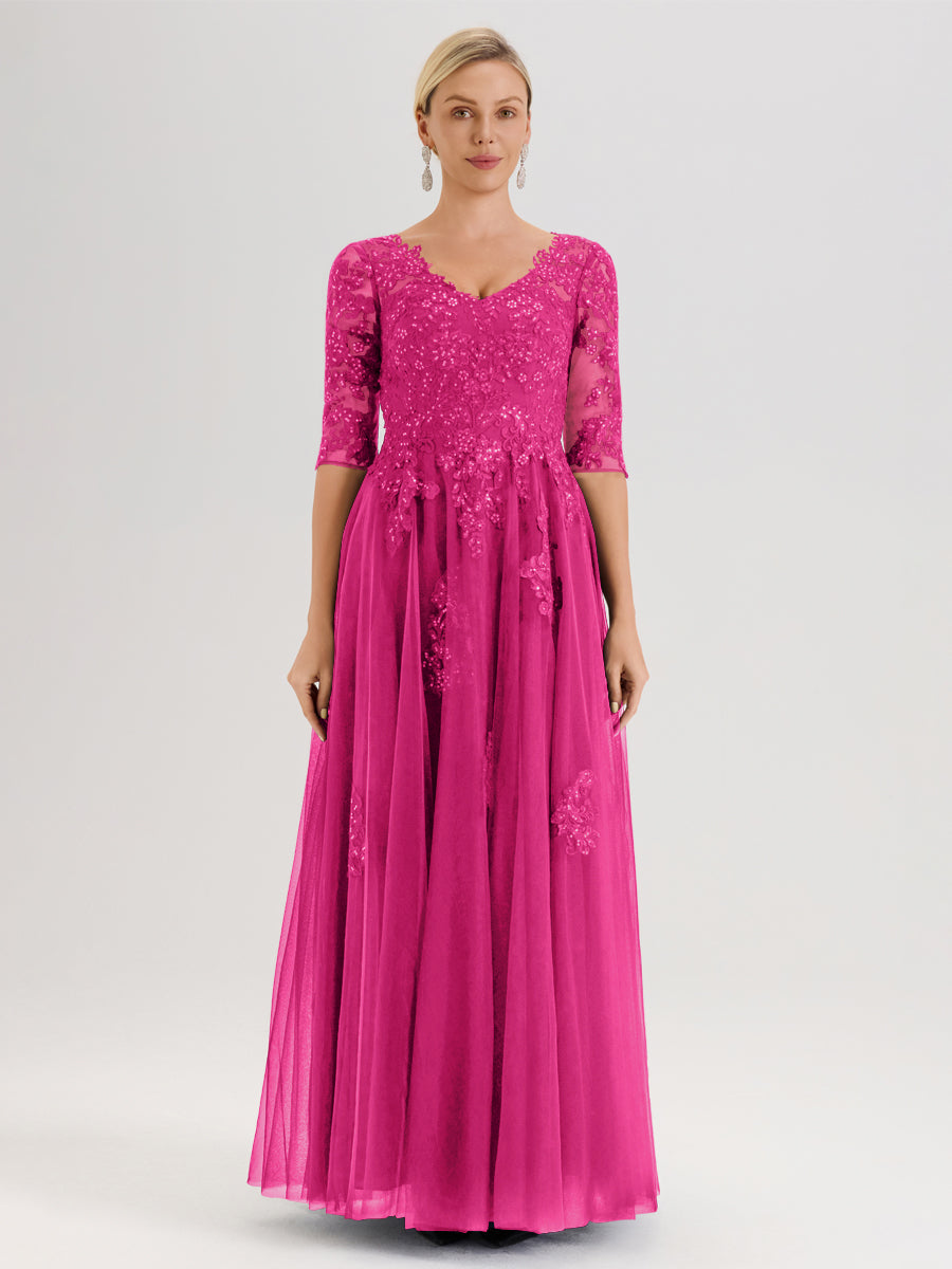 Cicinia Fuchsia Robe De Mère De La Mariée Longue Ligne A En Tulle Mousseline Et Dentelle À Décolleté En V Et Manches Demi
