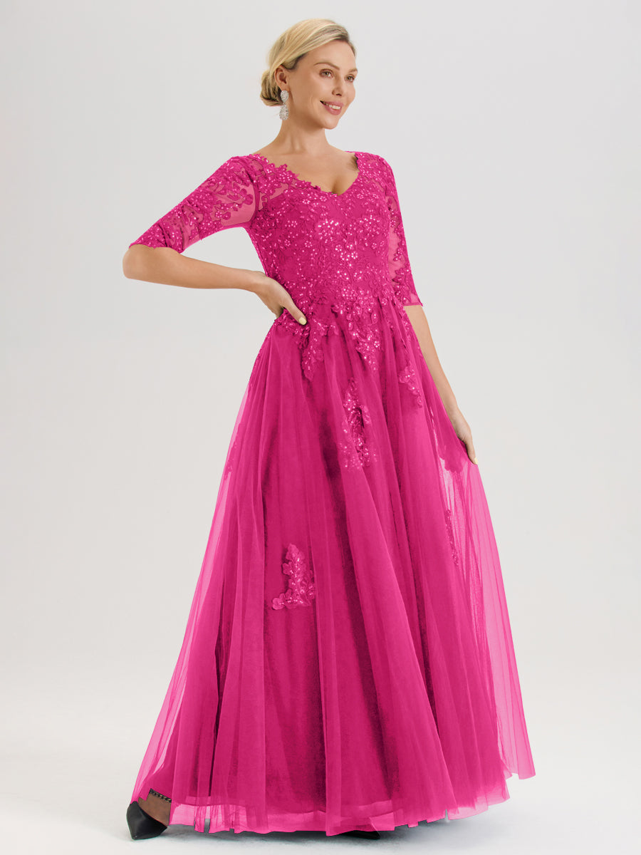 Cicinia Fuchsia Robe De Mère De La Mariée Longue Ligne A En Tulle Mousseline Et Dentelle À Décolleté En V Et Manches Demi