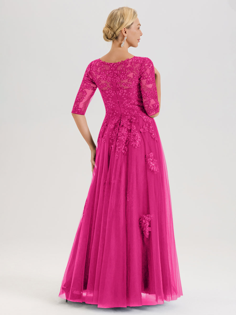 Cicinia Fuchsia Robe De Mère De La Mariée Longue Ligne A En Tulle Mousseline Et Dentelle À Décolleté En V Et Manches Demi