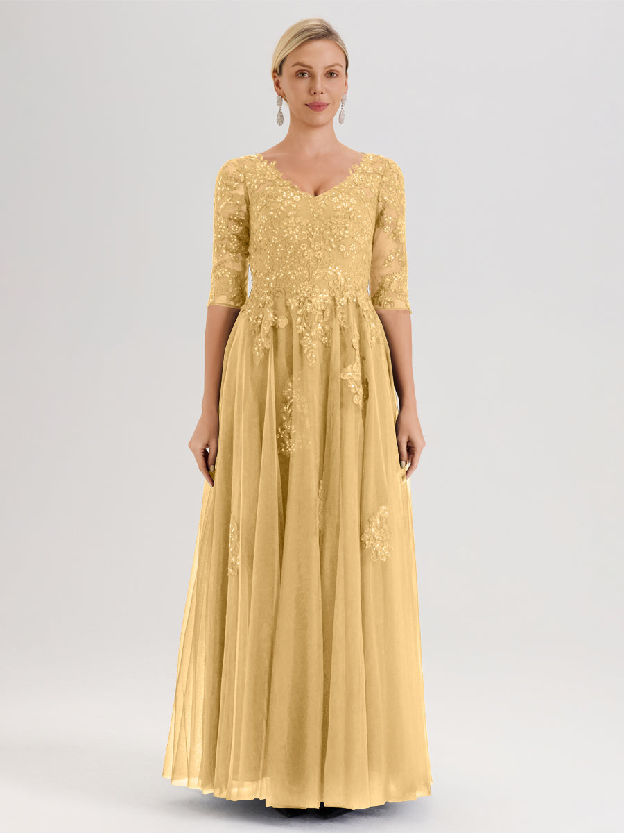 Cicinia Or Robe De Mère De La Mariée Longue Ligne A En Tulle Mousseline Et Dentelle À Décolleté En V Et Manches Demi