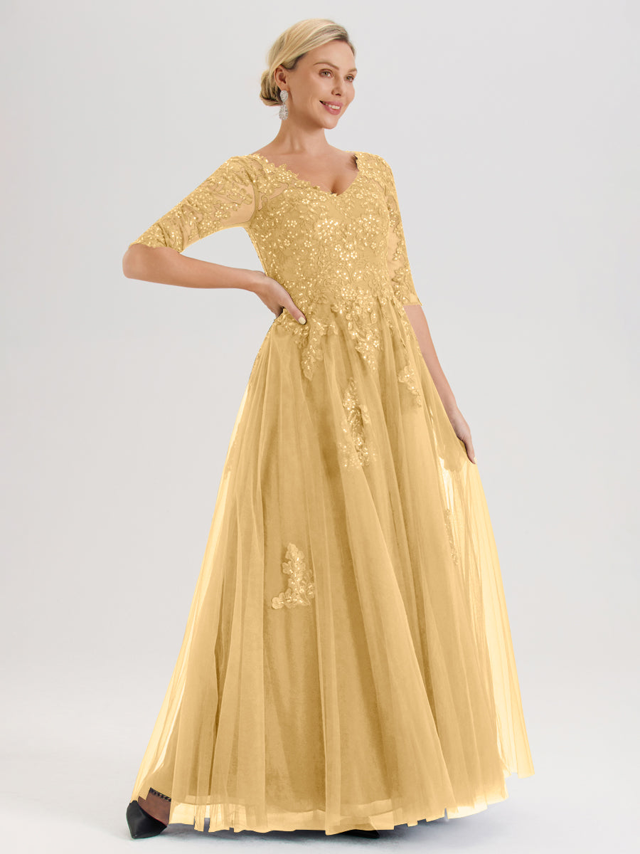 Cicinia Or Robe De Mère De La Mariée Longue Ligne A En Tulle Mousseline Et Dentelle À Décolleté En V Et Manches Demi