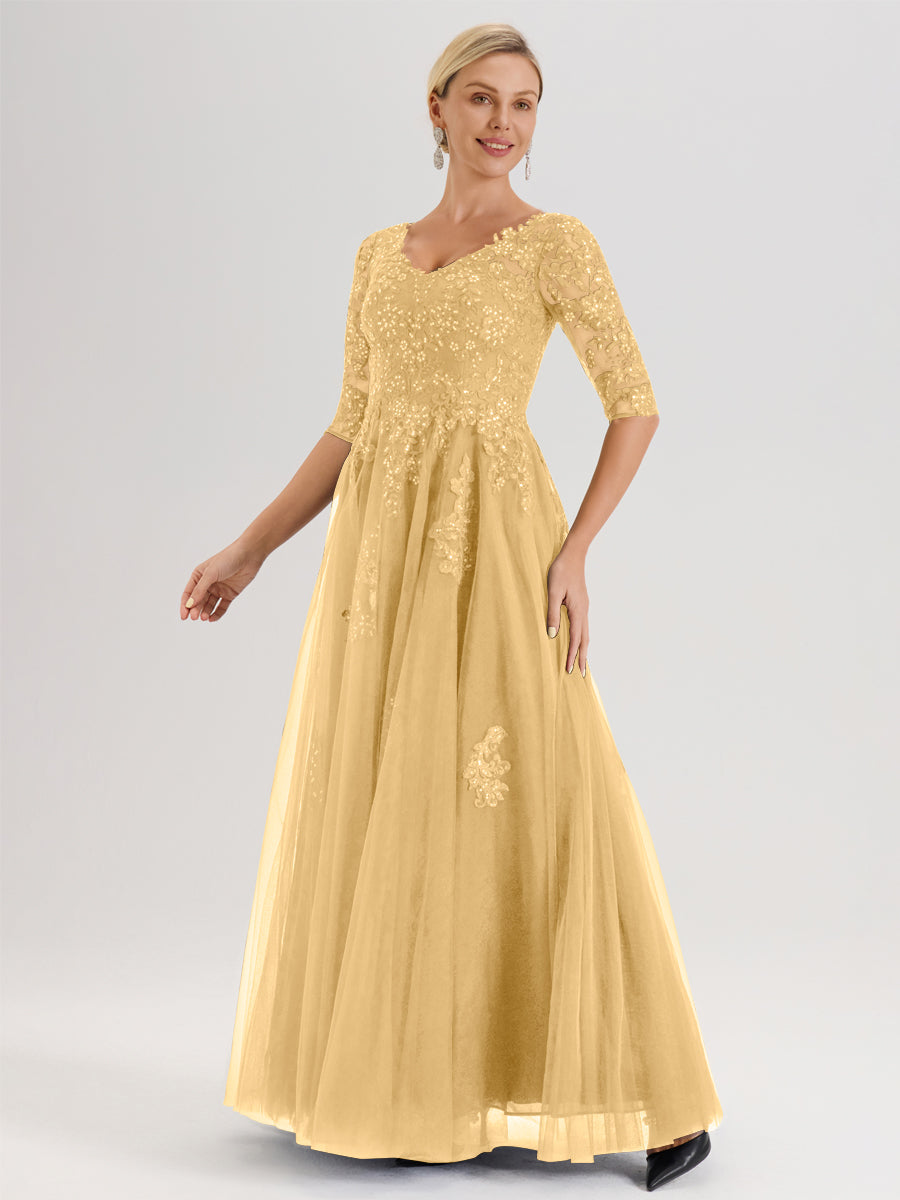 Cicinia Or Robe De Mère De La Mariée Longue Ligne A En Tulle Mousseline Et Dentelle À Décolleté En V Et Manches Demi