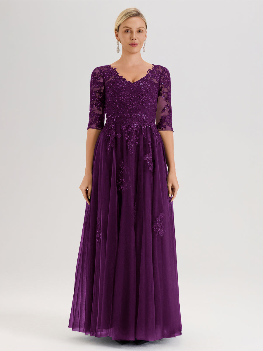 Cicinia Raisin Robe De Mère De La Mariée Longue Ligne A En Tulle Mousseline Et Dentelle À Décolleté En V Et Manches Demi