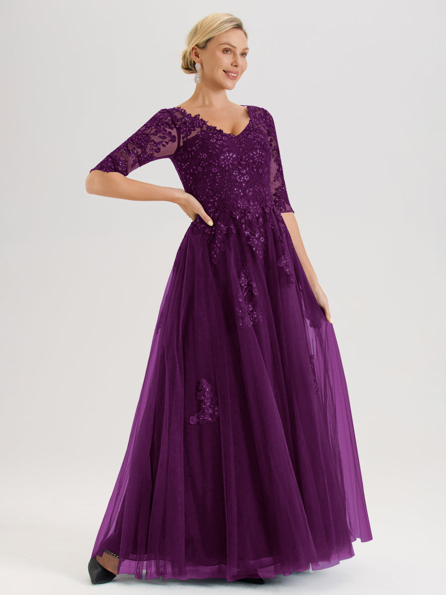 Cicinia Raisin Robe De Mère De La Mariée Longue Ligne A En Tulle Mousseline Et Dentelle À Décolleté En V Et Manches Demi
