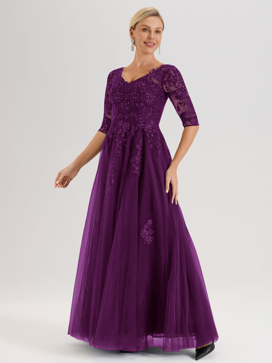 Cicinia Raisin Robe De Mère De La Mariée Longue Ligne A En Tulle Mousseline Et Dentelle À Décolleté En V Et Manches Demi