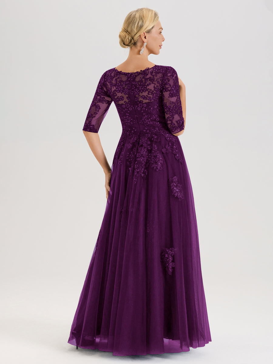 Cicinia Raisin Robe De Mère De La Mariée Longue Ligne A En Tulle Mousseline Et Dentelle À Décolleté En V Et Manches Demi