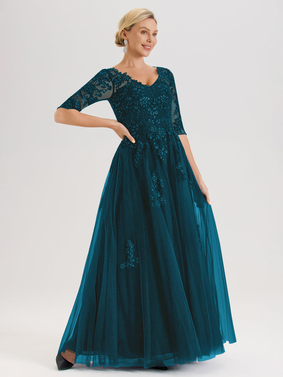 Cicinia Bleu Encre Robe De Mère De La Mariée Longue Ligne A En Tulle Mousseline Et Dentelle À Décolleté En V Et Manches Demi