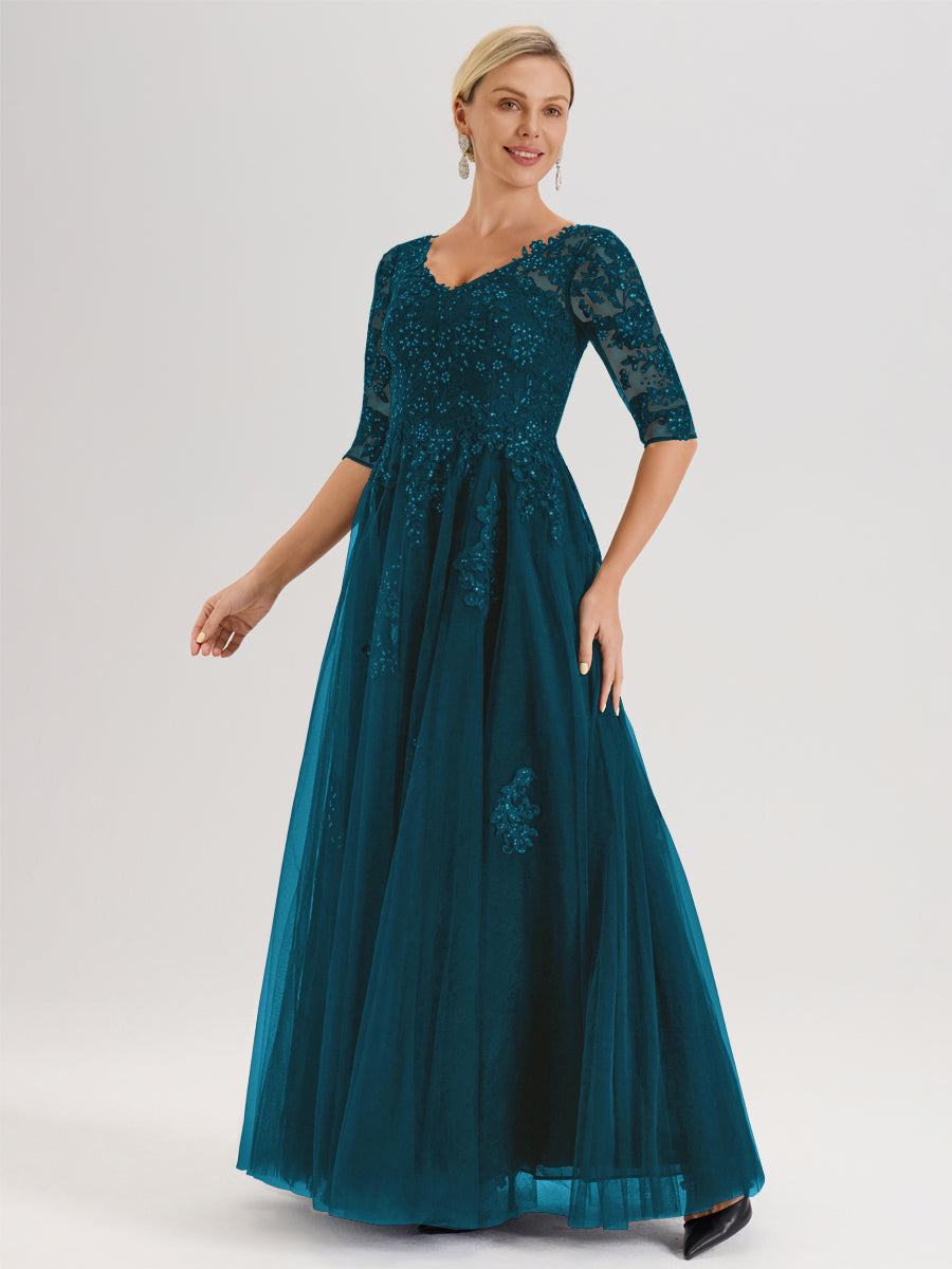 Cicinia Bleu Encre Robe De Mère De La Mariée Longue Ligne A En Tulle Mousseline Et Dentelle À Décolleté En V Et Manches Demi