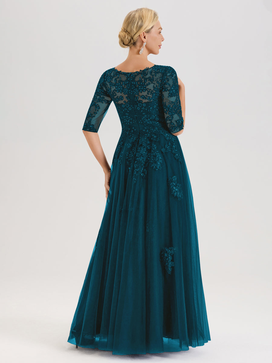 Cicinia Bleu Encre Robe De Mère De La Mariée Longue Ligne A En Tulle Mousseline Et Dentelle À Décolleté En V Et Manches Demi