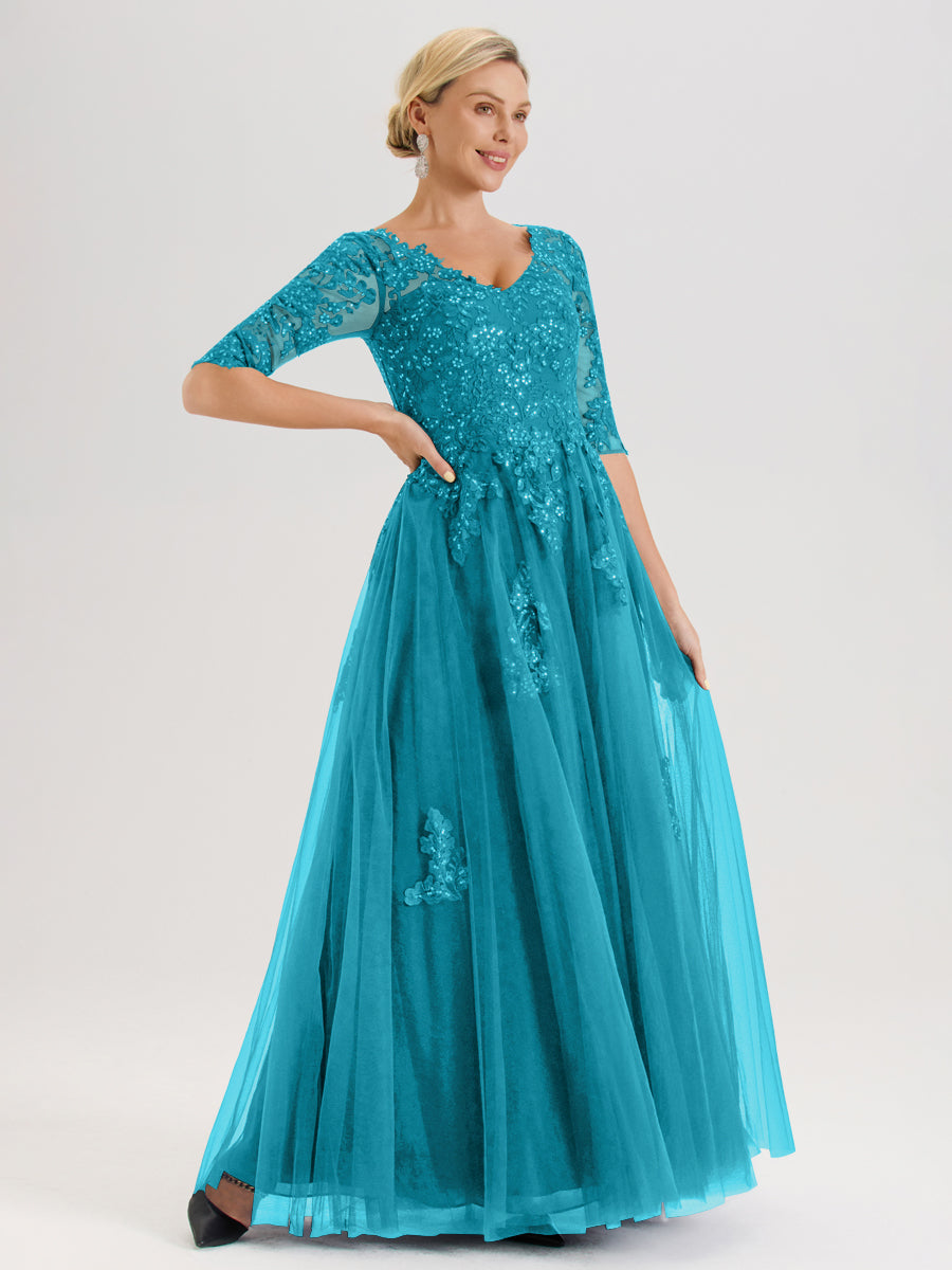 Cicinia Jade Robe De Mère De La Mariée Longue Ligne A En Tulle Mousseline Et Dentelle À Décolleté En V Et Manches Demi