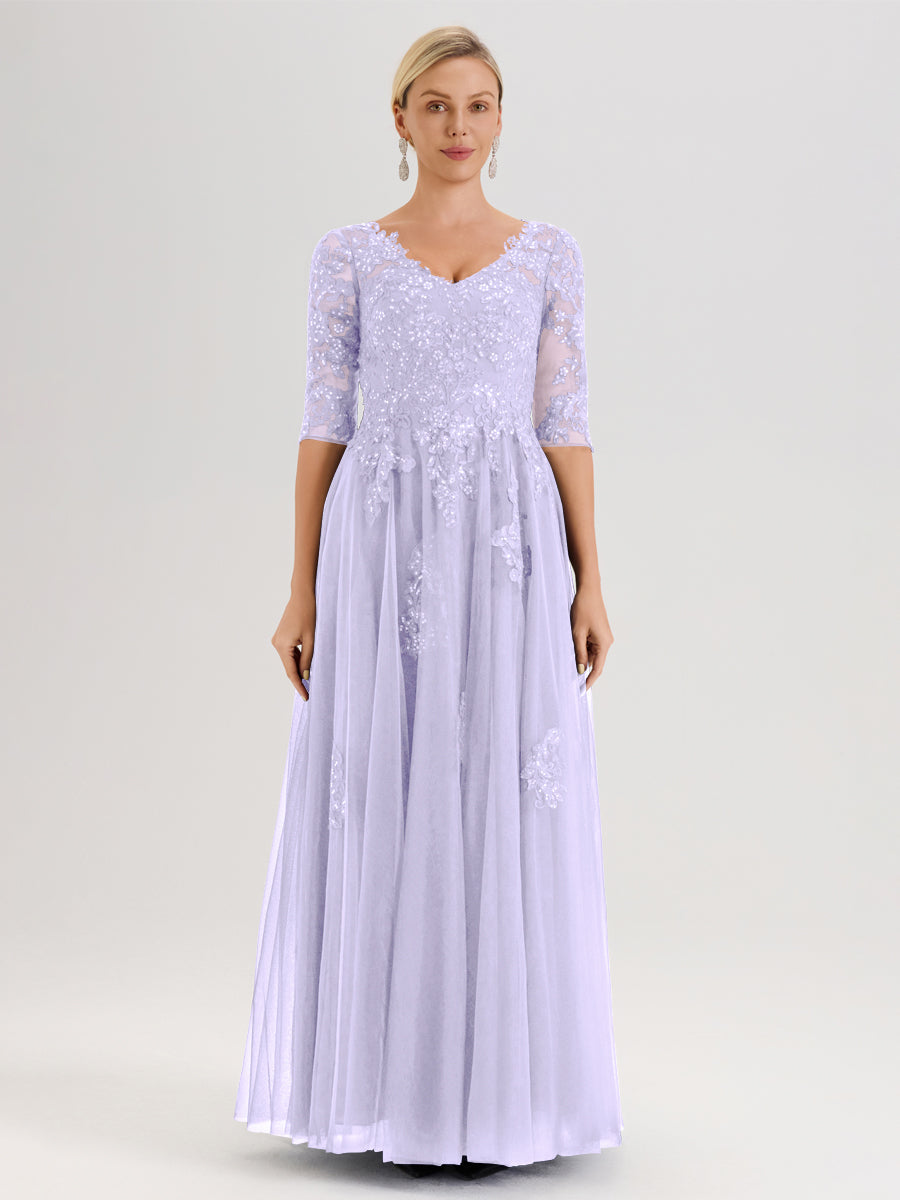 Cicinia Lilas Robe De Mère De La Mariée Longue Ligne A En Tulle Mousseline Et Dentelle À Décolleté En V Et Manches Demi