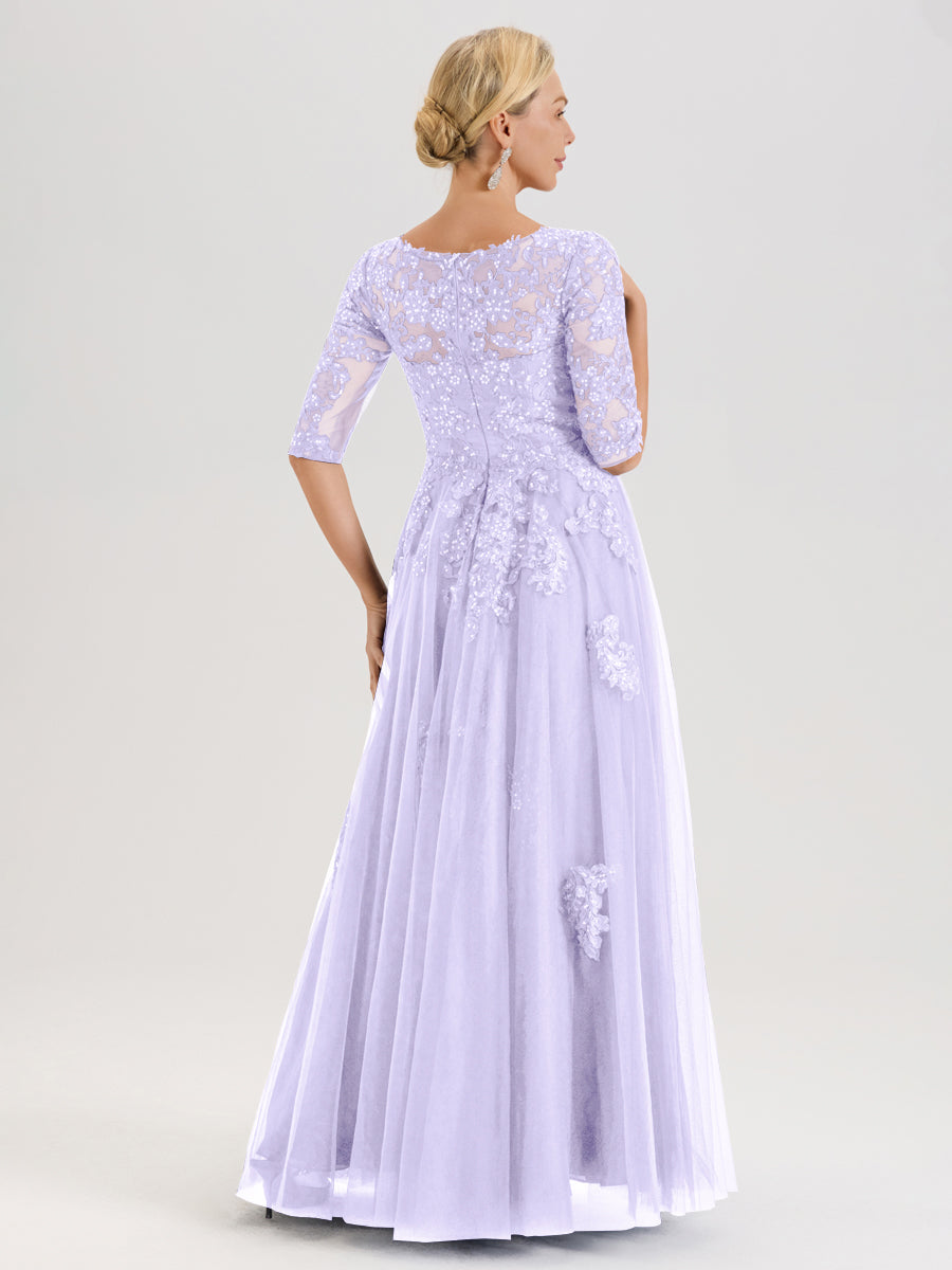 Cicinia Lilas Robe De Mère De La Mariée Longue Ligne A En Tulle Mousseline Et Dentelle À Décolleté En V Et Manches Demi