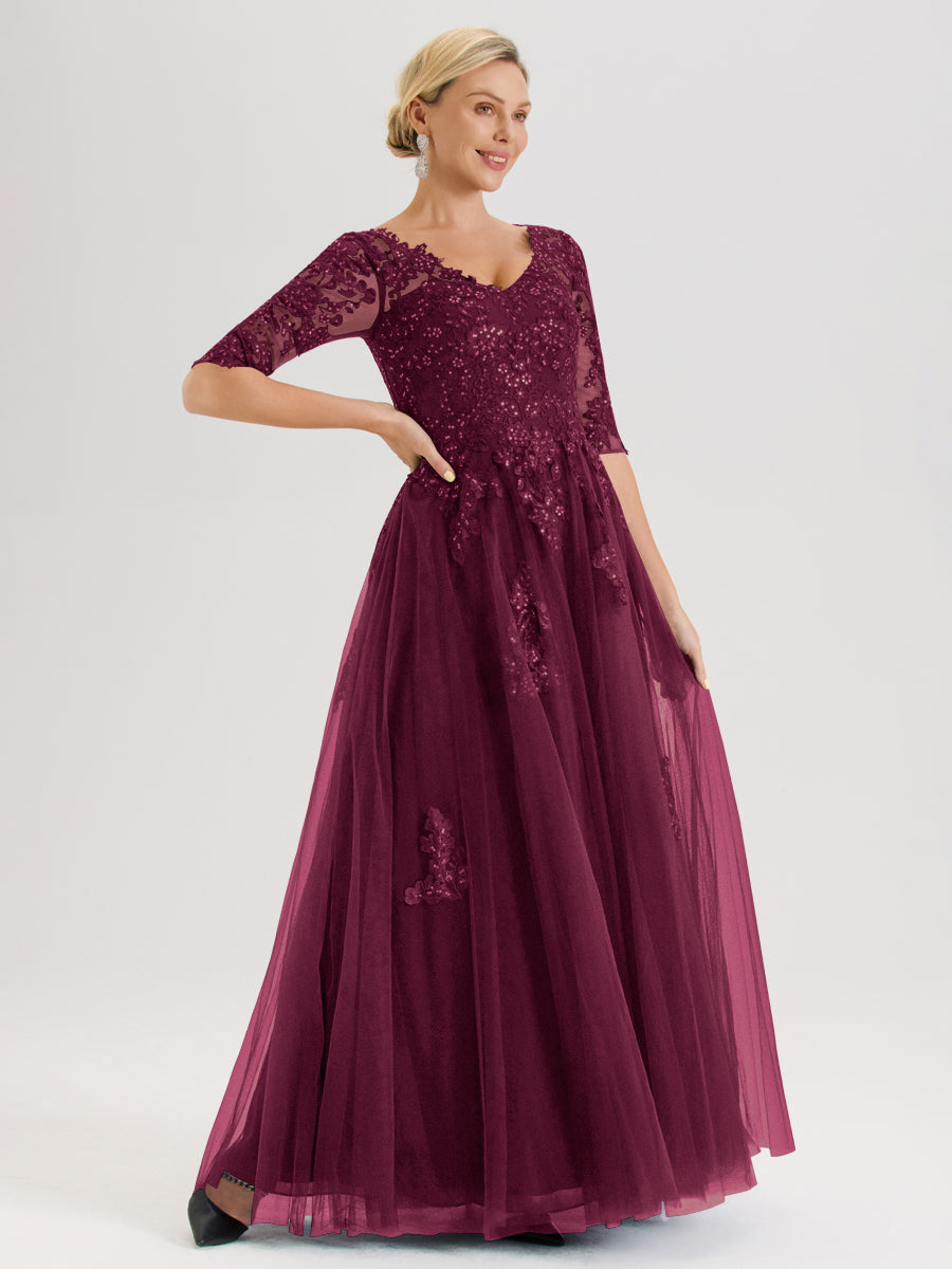 Cicinia Mûre Robe De Mère De La Mariée Longue Ligne A En Tulle Mousseline Et Dentelle À Décolleté En V Et Manches Demi