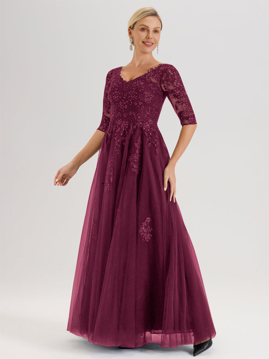 Cicinia Mûre Robe De Mère De La Mariée Longue Ligne A En Tulle Mousseline Et Dentelle À Décolleté En V Et Manches Demi