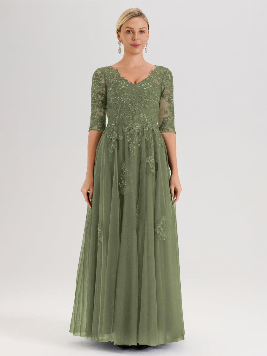 Cicinia Vert Olive Robe De Mère De La Mariée Longue Ligne A En Tulle Mousseline Et Dentelle À Décolleté En V Et Manches Demi