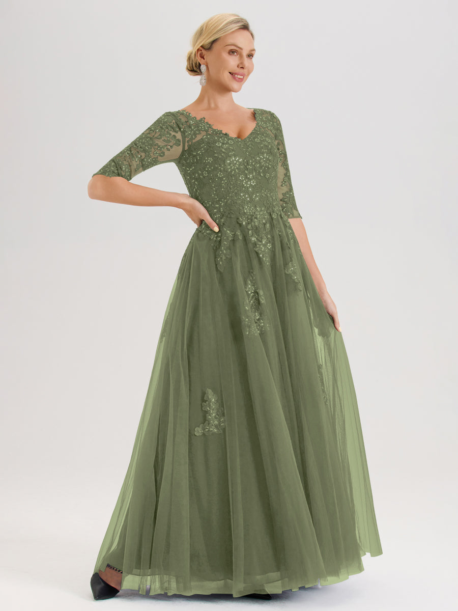 Cicinia Vert Olive Robe De Mère De La Mariée Longue Ligne A En Tulle Mousseline Et Dentelle À Décolleté En V Et Manches Demi